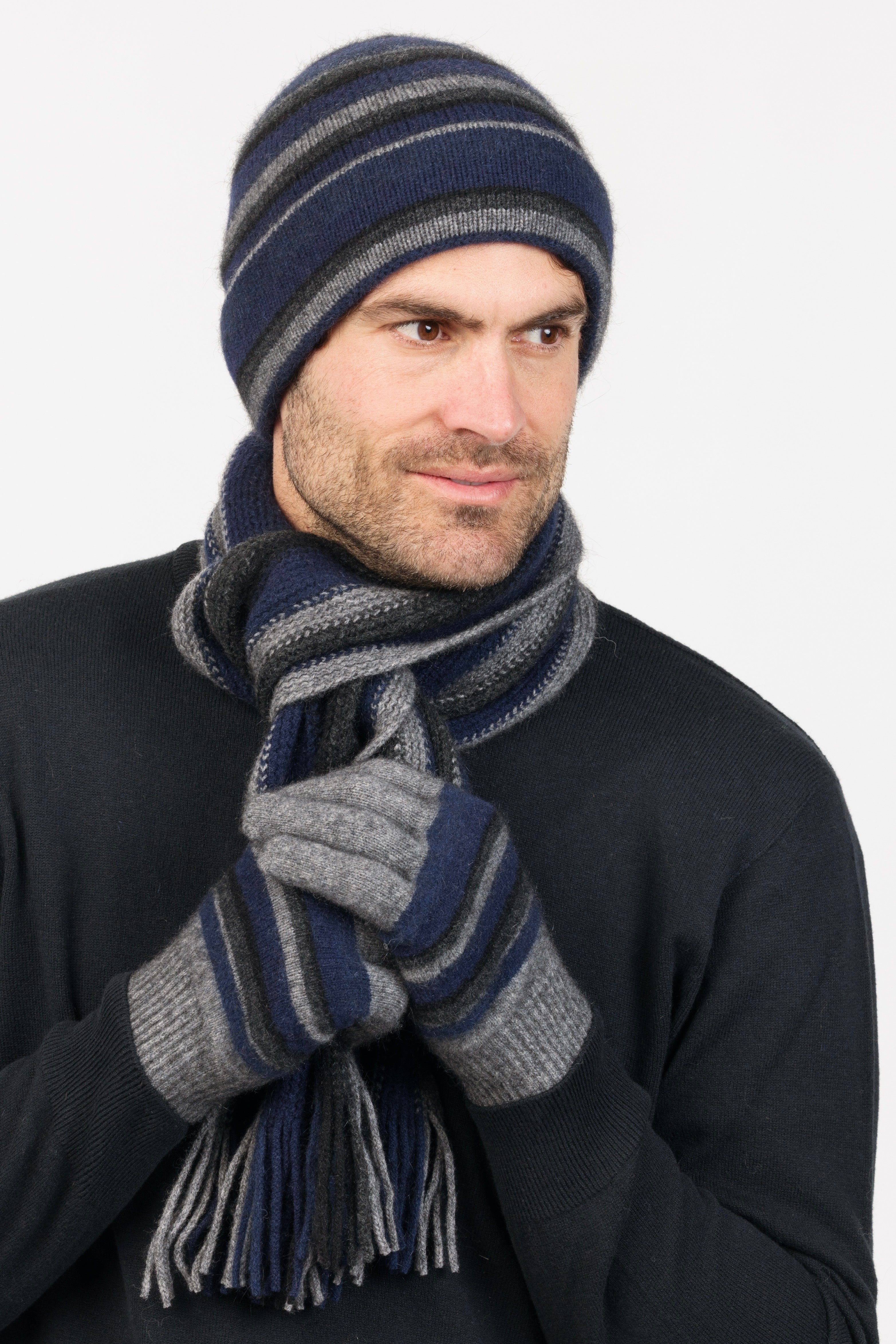 City Nights Set - Striped Beanie, Gloves & Scarf