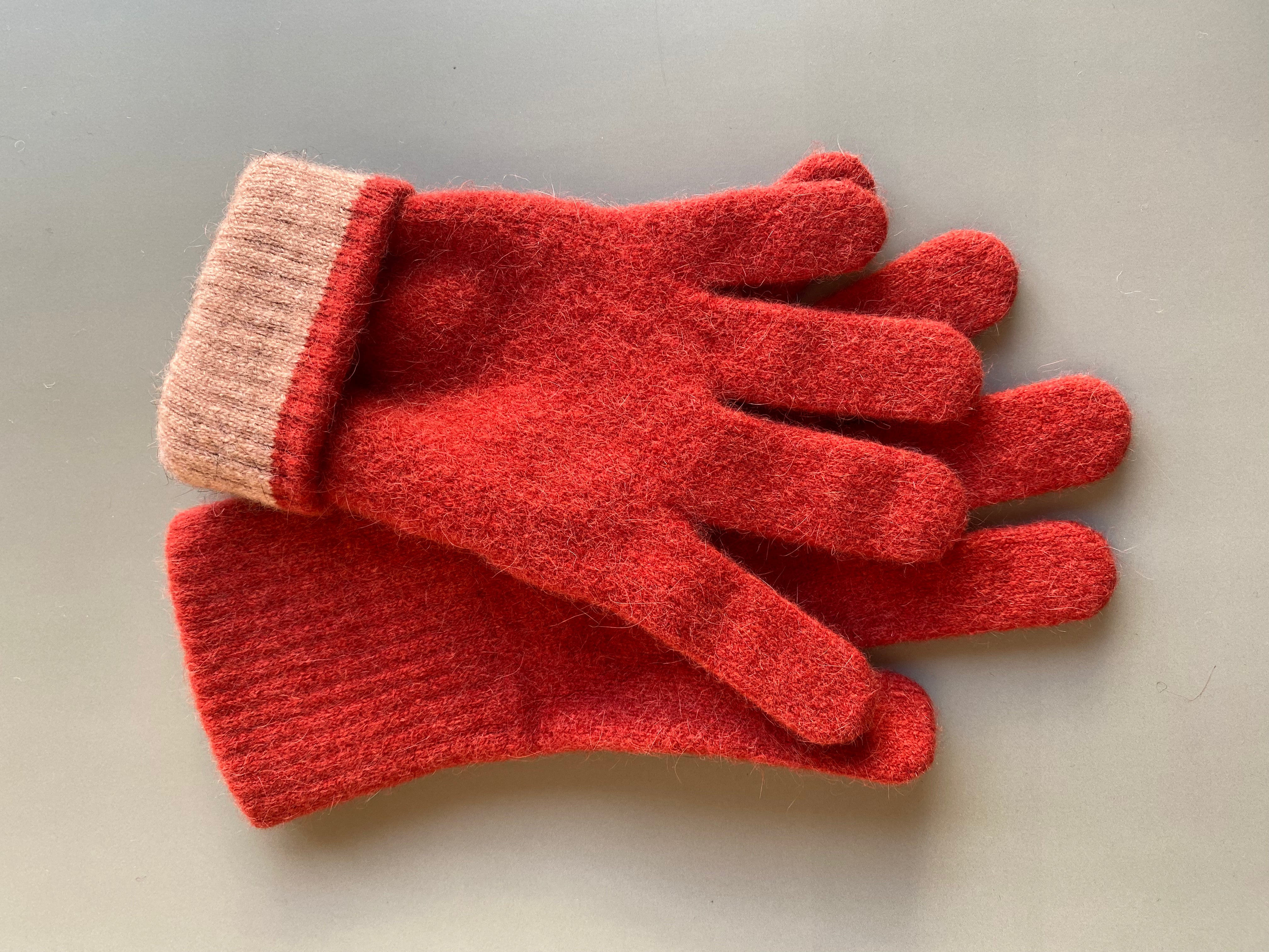 Gloves: Warm Red Orange Gloves (Ruby): Possum & Merino Wool, Made in New Zealand