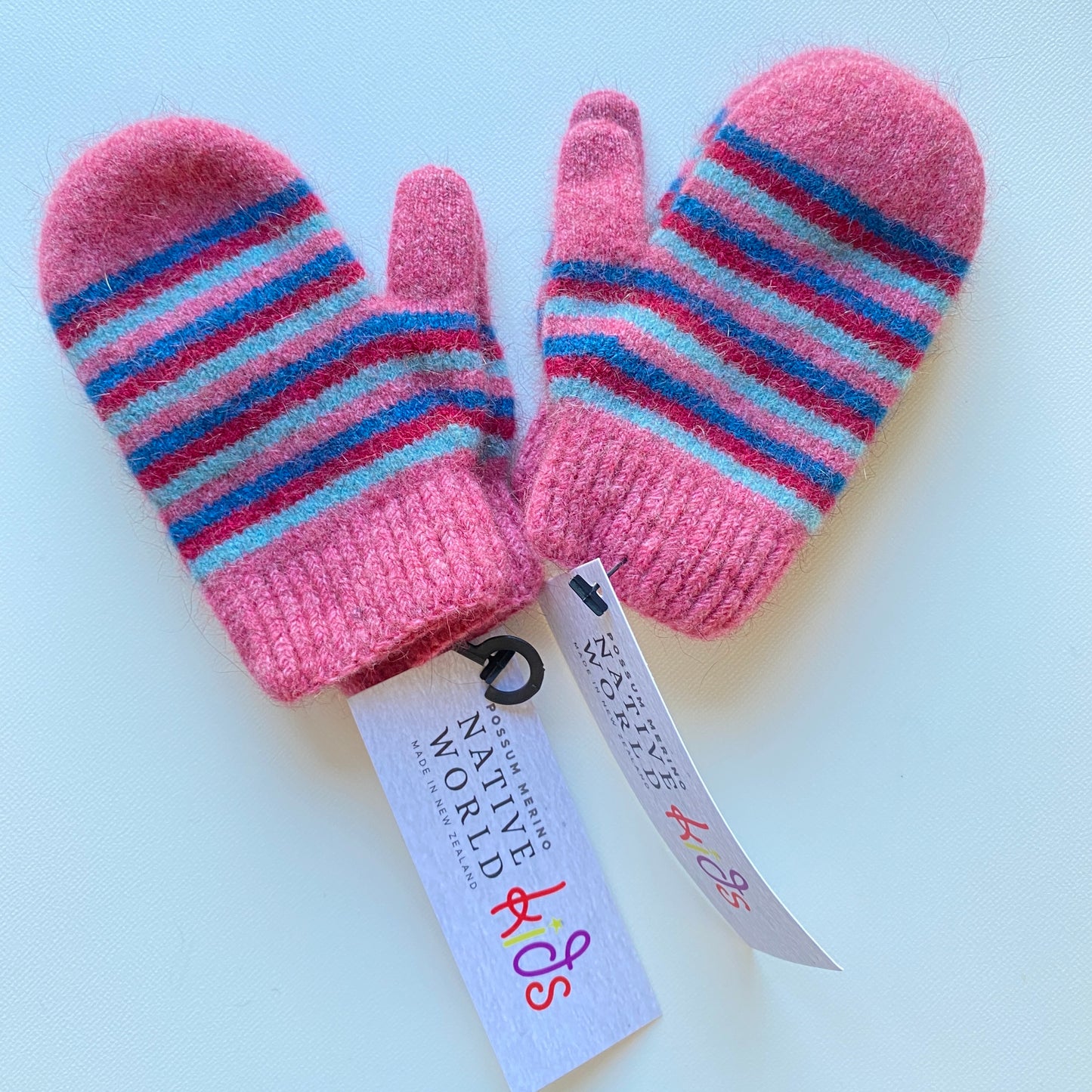 Striped Mittens (Children’s) 3-4 years, 5-6 years, 7-8 years, Merino Wool + Possum Fibre, Made in New Zealand