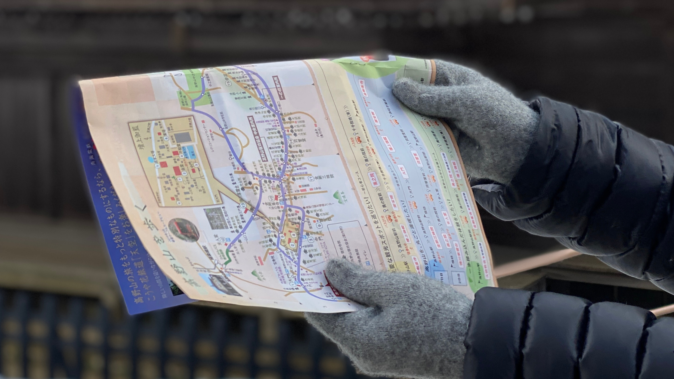 Hands in possum merino gloves holding map of koya san