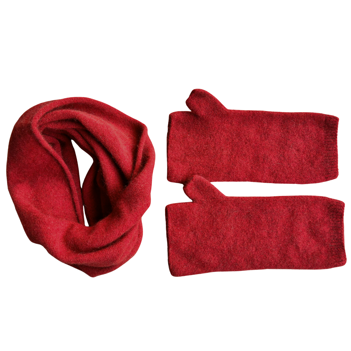 Red neckwarmer scarf and wristwarmers on a white background