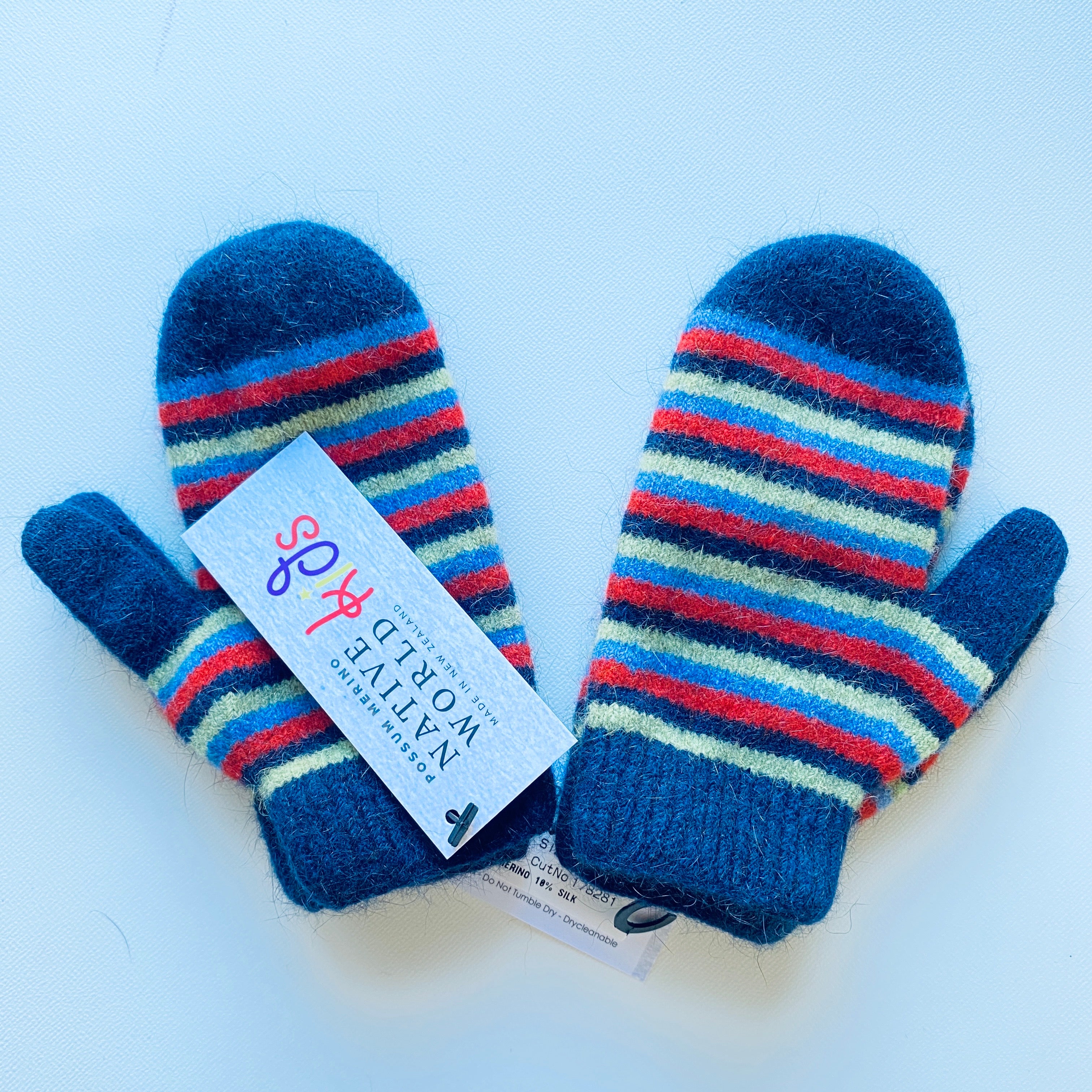 Striped Mittens (Children’s) 3-4 years, 5-6 years, 7-8 years, Merino Wool + Possum Fibre, Made in New Zealand