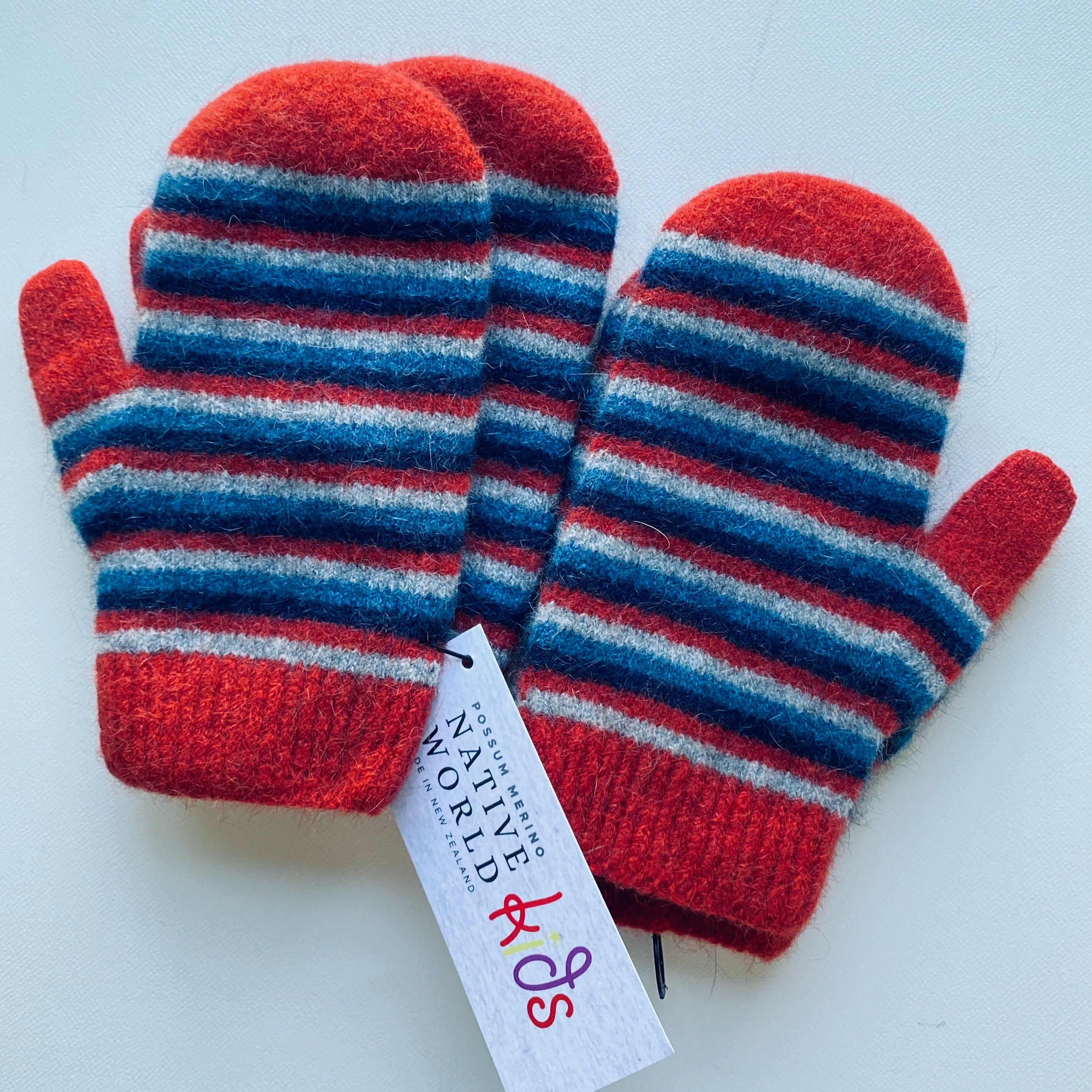 Striped Mittens (Children’s) 3-4 years, 5-6 years, 7-8 years, Merino Wool + Possum Fibre, Made in New Zealand